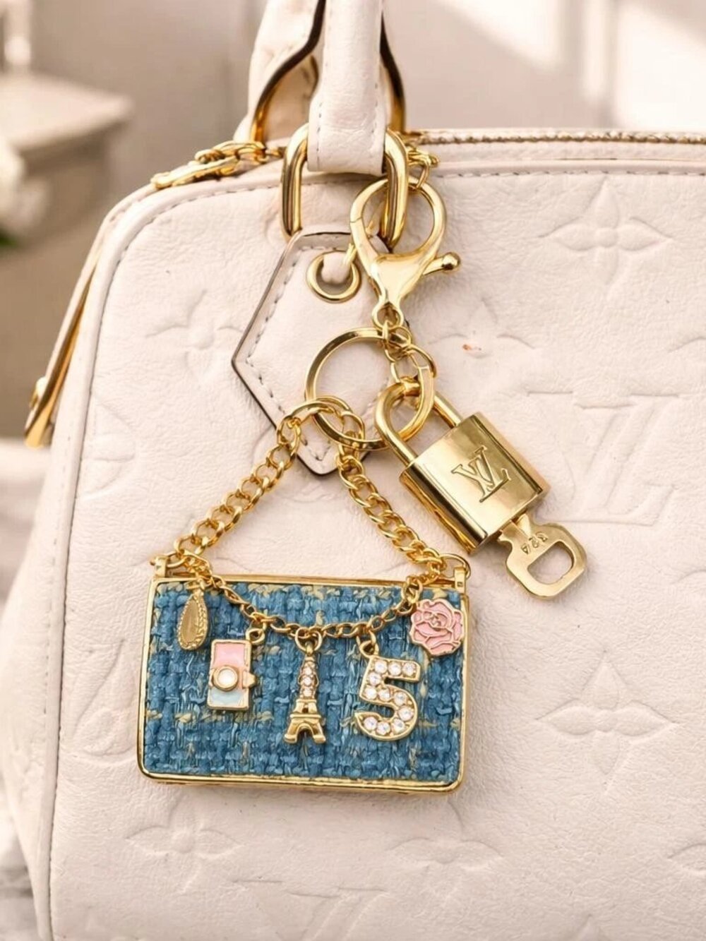 LV Gold Padlock 🔑 Authentic Louis Vuitton Charm + Unbranded Tweed Bag keychain